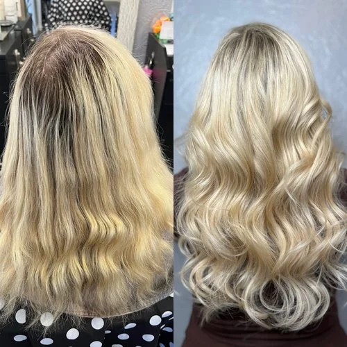 Side-by-side comparison of a woman's blonde hair before and after styling, showing wavy, shiny hair with improved volume and smoothness.