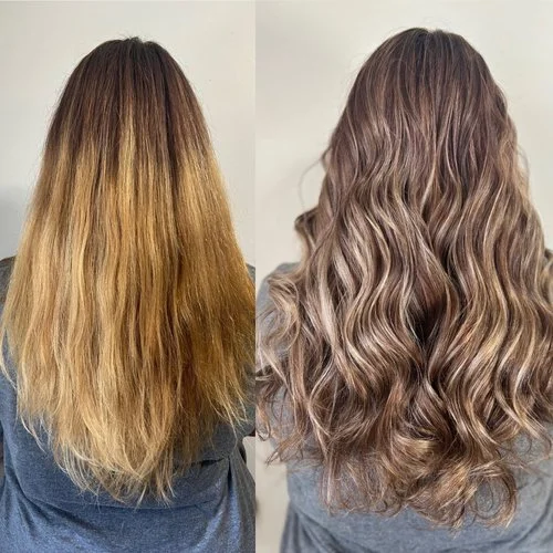 Before and after images showing a woman's hair, with the before image on the left featuring shoulder-length, straight, brassy blonde hair, and the after image on the right showcasing the same hair styled in long, soft, tousled waves with a cooler, as