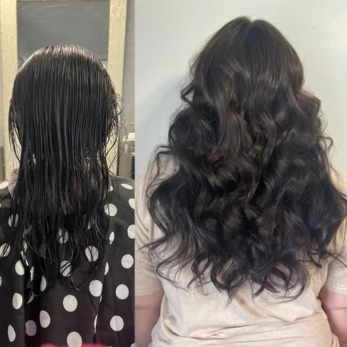 Comparison of a person with wet, straight black hair on the left and dry, styled curly black hair on the right.