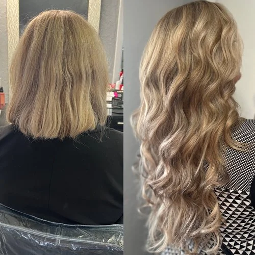 Comparison of a woman's shoulder-length blonde hair before and after styling, showing a change from straight to long, wavy, and voluminous hair.