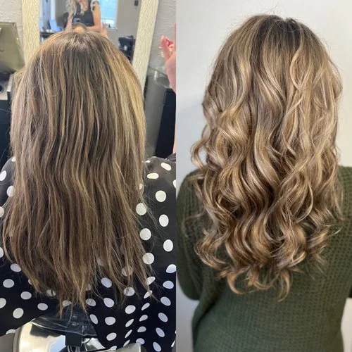 Comparison of a woman's hair before and after a styling treatment, showing a transition from dull, straight hair to luscious, styled curls.