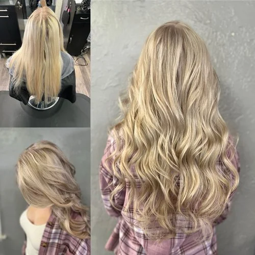Three photos of a woman with long blonde hair, showing her hair from the back before and after a haircut and styling at a salon.