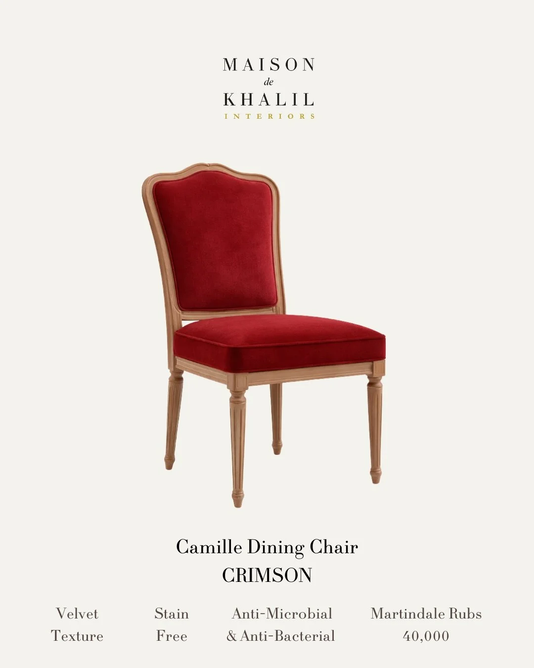 Introducing the Camille Dining Chair. 

Our take on a classic French dining chair, designed with softer lines and made for modern living. 

Rooted in classical French design, the Camille Dining Chair elevates the formal dining experience with its scu