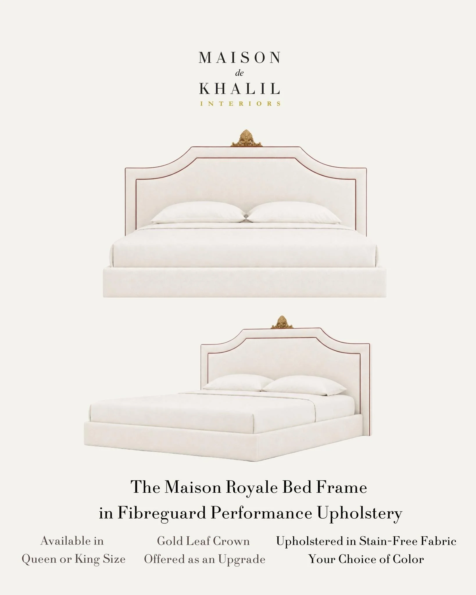 Introducing The Maison Royale Bed Frame, a piece designed to bring elegance, comfort, and quiet grandeur into the room. Its silhouette is elevated by refined rouge lining, adding a subtle richness that feels both timeless and distinctive.

Wrapped in