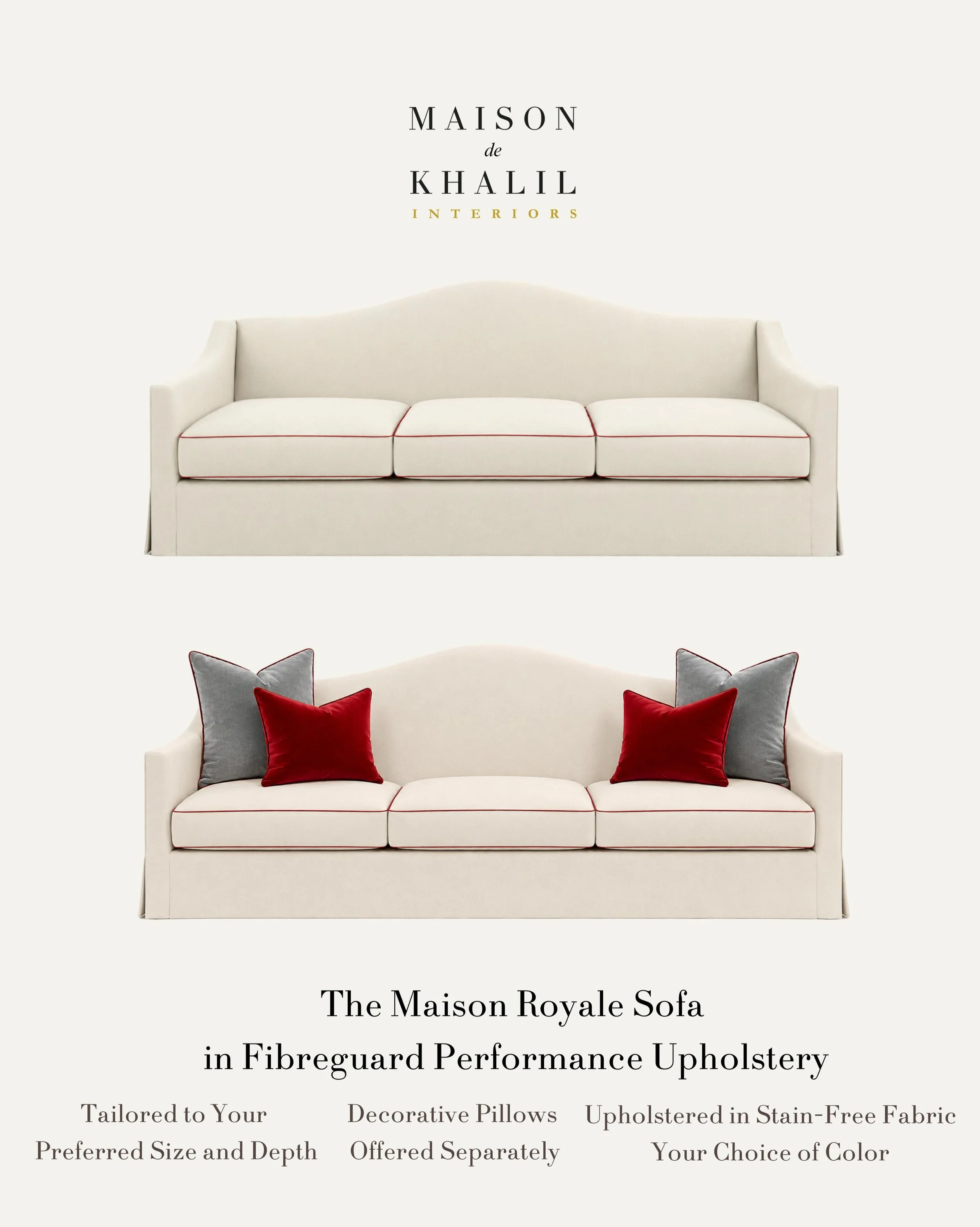 Designed for clients who value timeless elegance, comfort, and lasting quality, this custom sofa brings together sculptural lines, refined rouge detailing, and premium FibreGuard performance upholstery for a look that feels elevated yet effortlessly 
