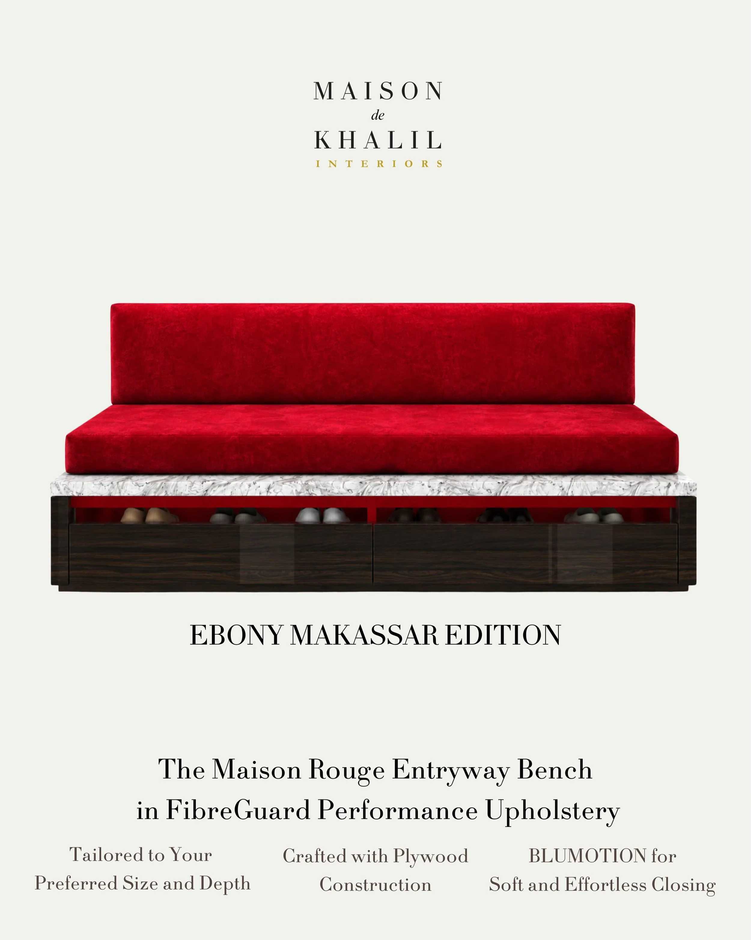We believe the entryway should feel intentional from the very first moment. The Maison Rouge Entryway Bench was designed to offer guests a comfortable place to sit while discreetly integrating pullout shoe storage for a more refined and thoughtful ar