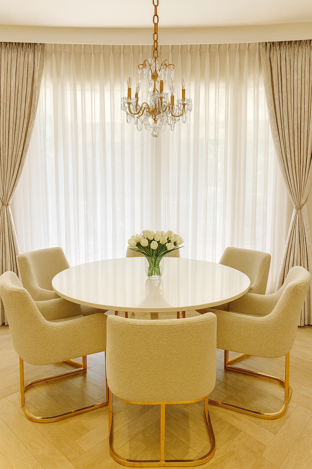 Elegant dining room with tulips and chandelier.png