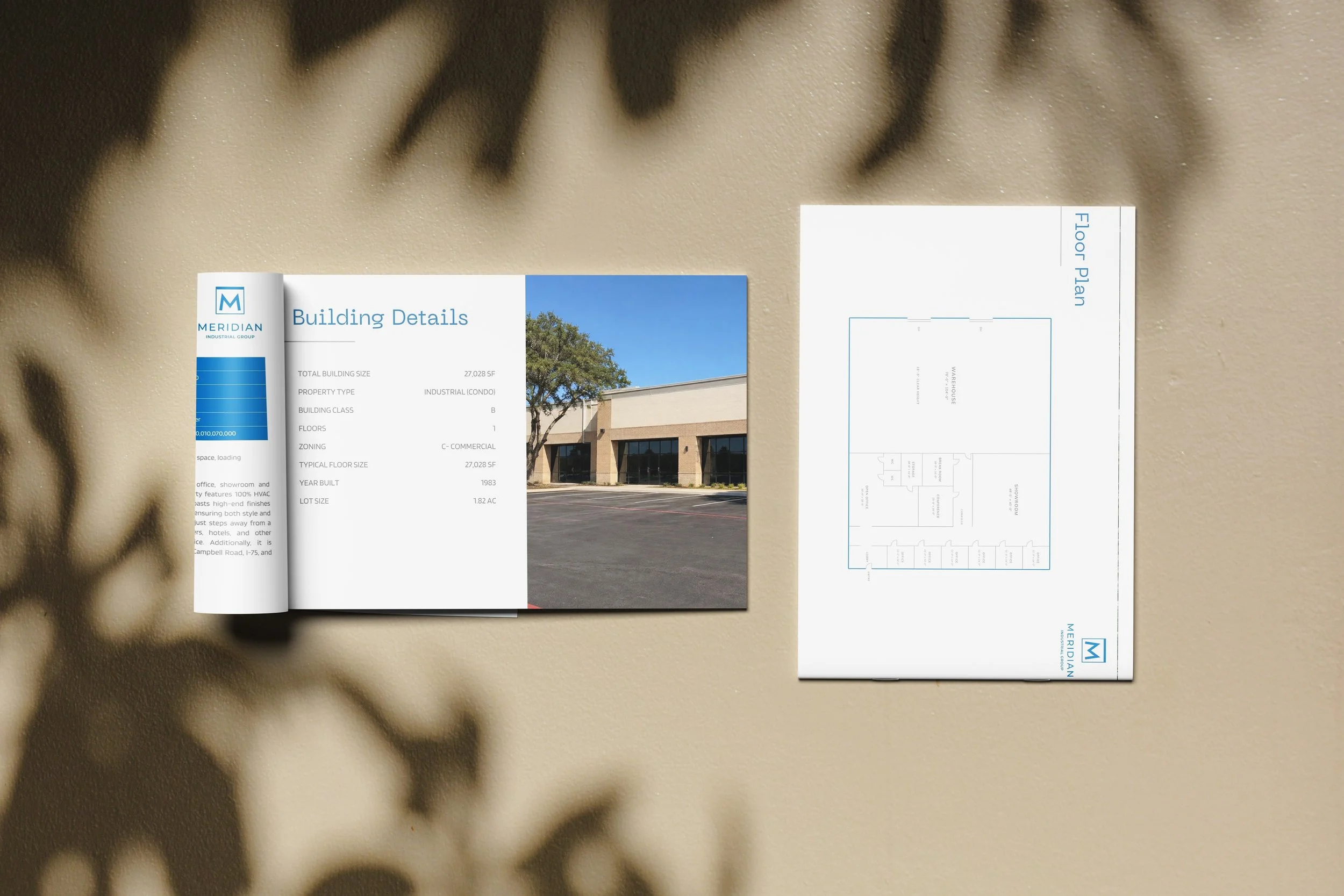 A collage of real estate marketing materials including floor plans, photos of an interior space, property details, maps, and exterior shots of a commercial building with parking lot and trees.
