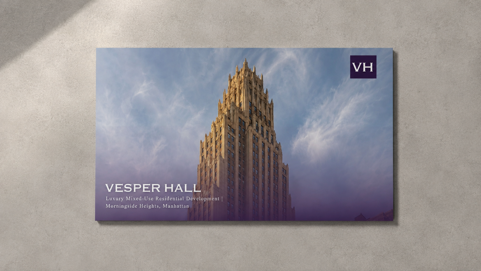 A collage of real estate marketing brochures showcasing luxury apartment developments in Manhattan, including images of city views, outdoor terraces, and interior living spaces.