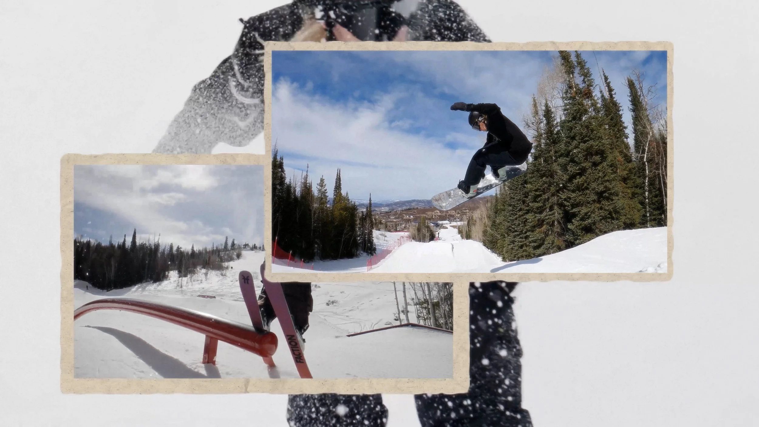 A person snowboarding in a snowy landscape with trees and mountains, performing a jump in mid-air while wearing black gear and a helmet.