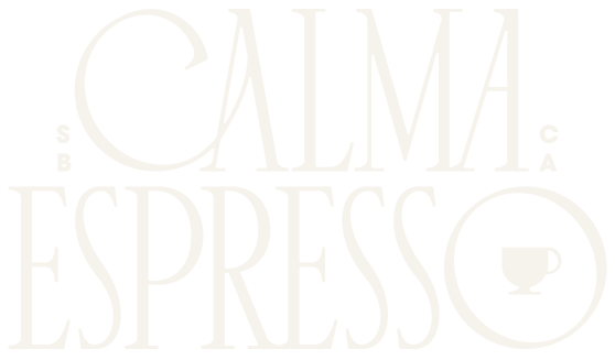 Logo with the text 'CALMA ESPRESSO' and a small coffee cup icon.