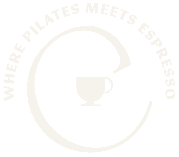 A circular logo with the phrase "WHERE PILATES MEETS ESPRESSO" around the top and a coffee cup icon in the center.