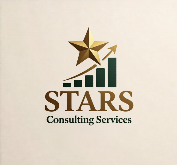 Logotipo de una estrella dorada con una flecha ascendente y un gráfico de barras, acompañado del texto "STARS Consulting Services".