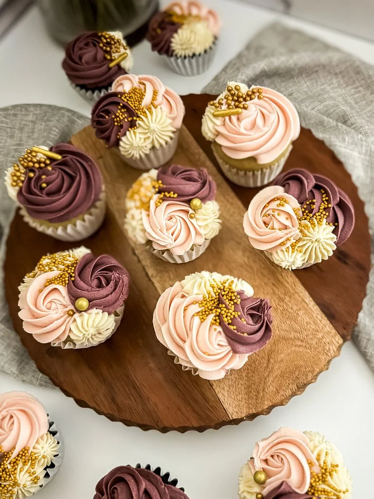 Close-up of dairy-free cupcakes decorated for party