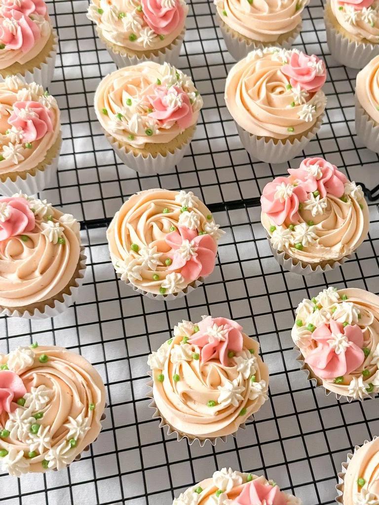 Close-up of dairy-free cupcakes decorated for event