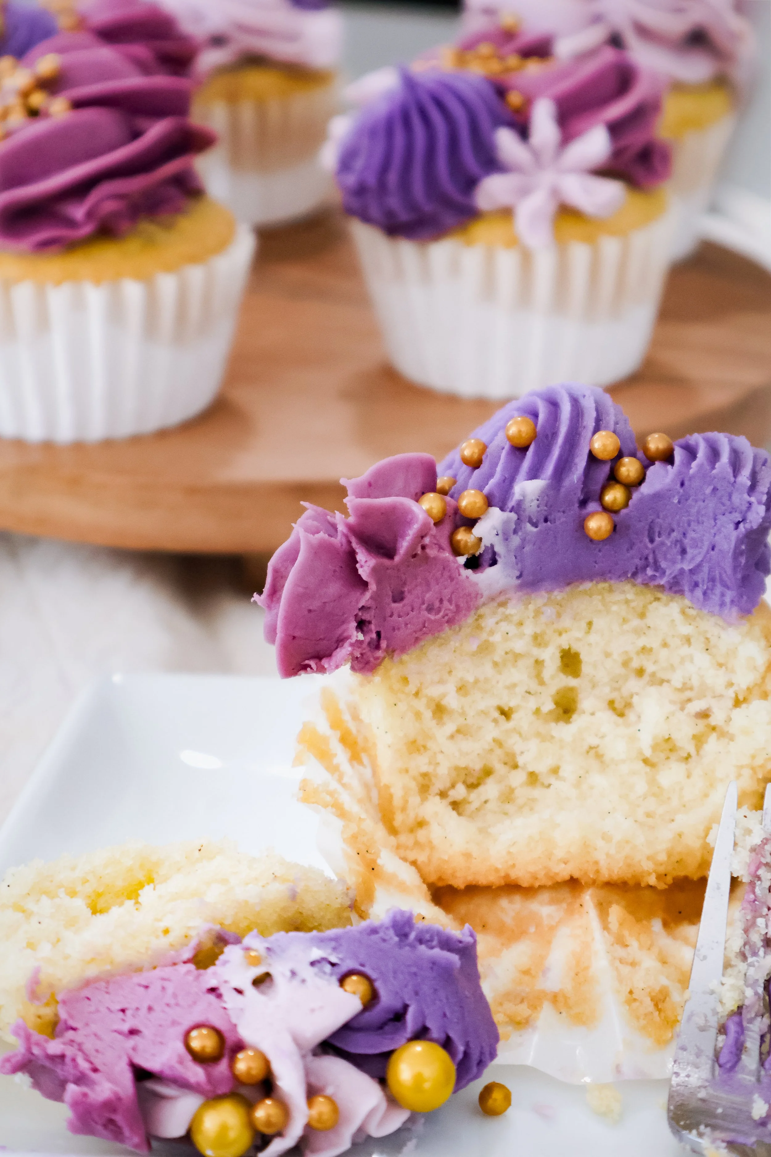 Close-up of dairy-free cupcakes decorated for party