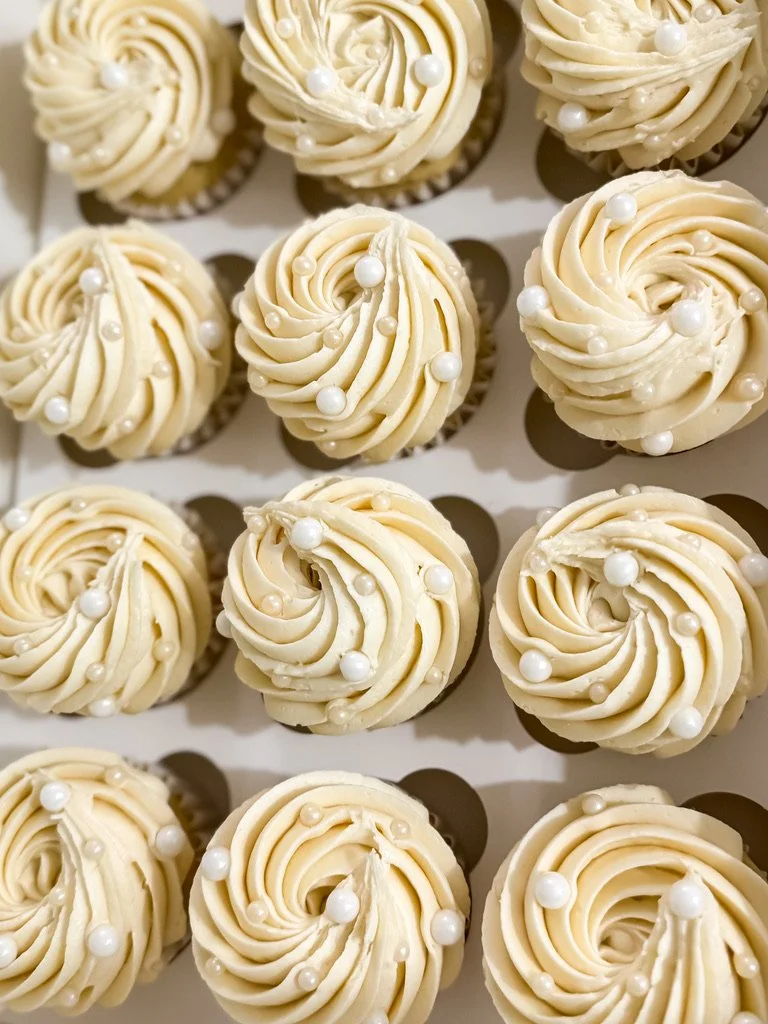 Close-up of dairy-free cupcakes decorated for holiday party