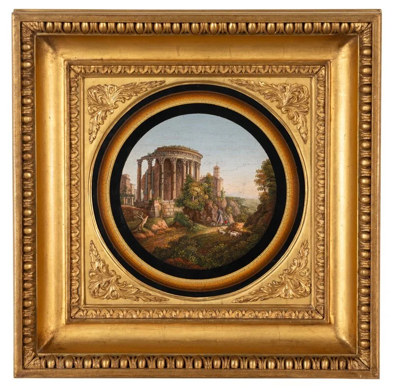 An Italian Micromosaic Plaque Depicting the Temple of Vesta at Tivoli, 19th century