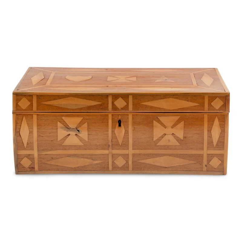A marquetry box constructed by Lincoln conspirator Dr. Samuel Mudd while imprisoned at Fort Jefferson, ca 1867.