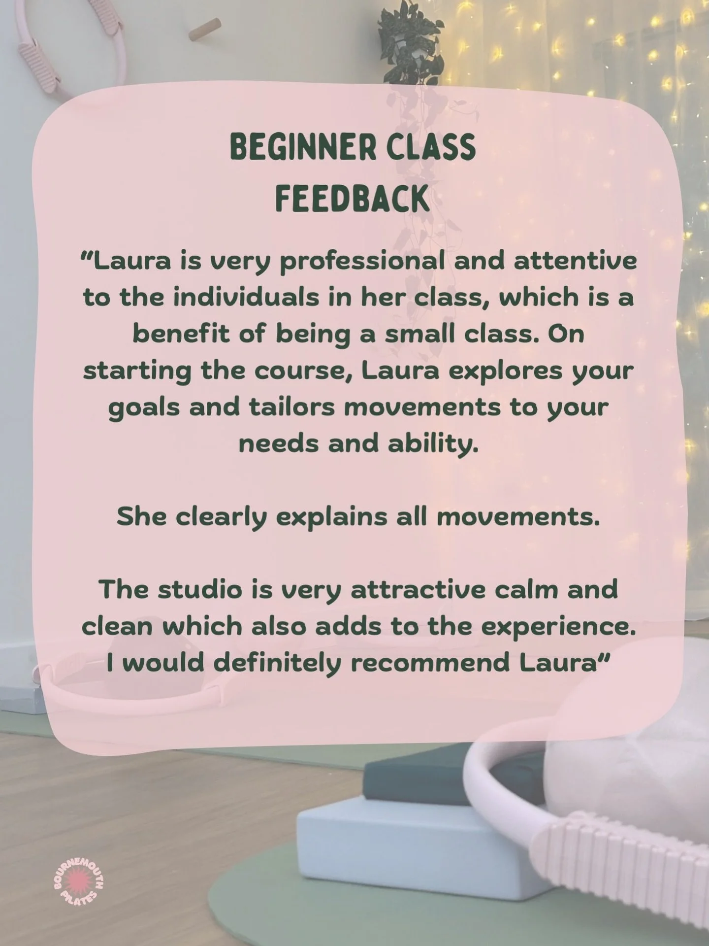 Some lovely feedback left on Facebook recently. 

One of the biggest benefits of small Pilates classes is the ability to give everyone individual attention.

We start by talking about your goals, your body and what you need from Pilates, so movements