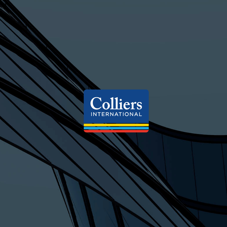 Colliers International logo over a building illustration with dark blue and black tones.