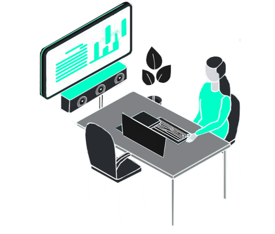 An illustration of a woman working at a desk with a laptop, two chairs, a plant, a large digital screen displaying charts, and a set of speakers.
