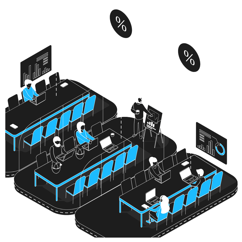 Illustration of a business meeting or training session with people working on laptops and a presenter explaining data on a whiteboard, with various charts and percentage symbols.