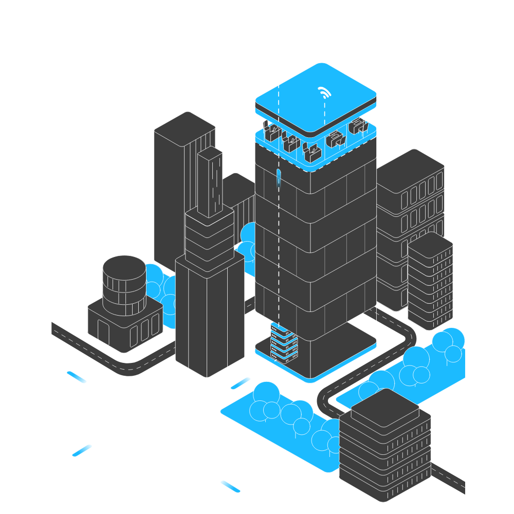 An illustration of a cityscape with tall buildings, roads, and trees, highlighting wireless technology with Wi-Fi signals emanating from the top of a tower and connected buildings.