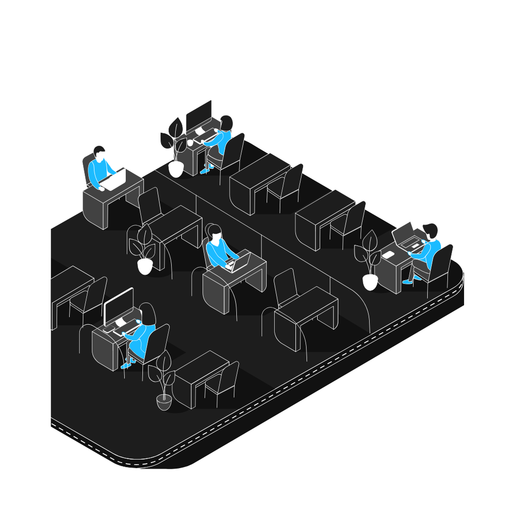 An isometric illustration of an office with six workers sitting at desks, working on laptops, with potted plants and dividers around the workspace.
