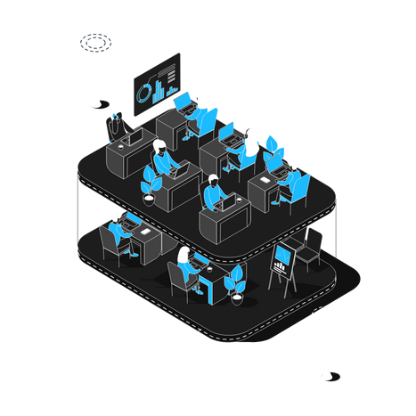 Illustration of a two-level office with people working at desks, computers, and a presentation screen, connected by wires to ground stations.