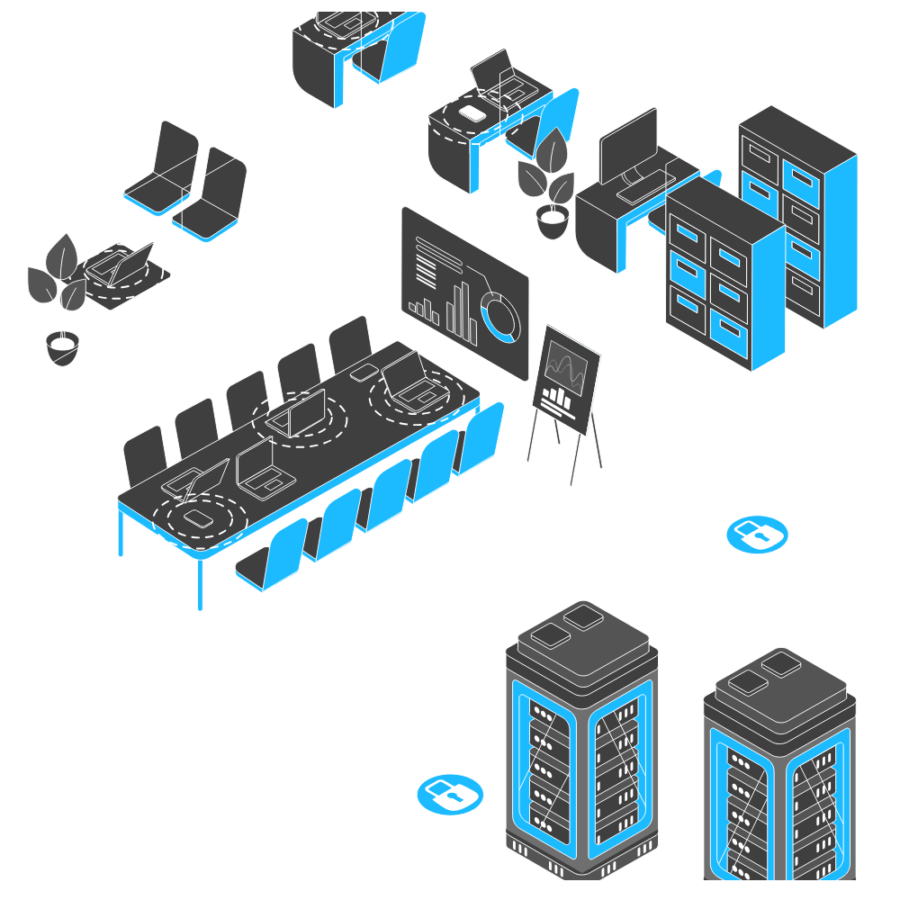 A digital illustration of a data center with server racks, conference table with chairs, presentation screens, and network symbols.