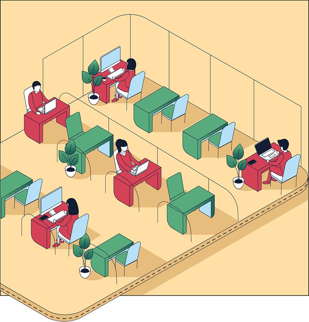 Isometric illustration of a shared office space with six people working at desks and computers, separated by partitions, with potted plants for decoration.