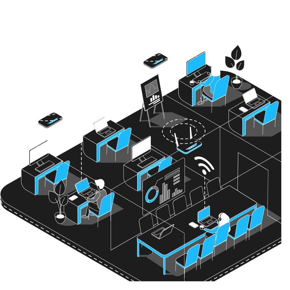Office scene showing multiple workstations with laptops and computers, people working at their desks, Wi-Fi routers emitting signals, a presentation screen with charts, and a potted plant, all shown in a digital isometric illustration.