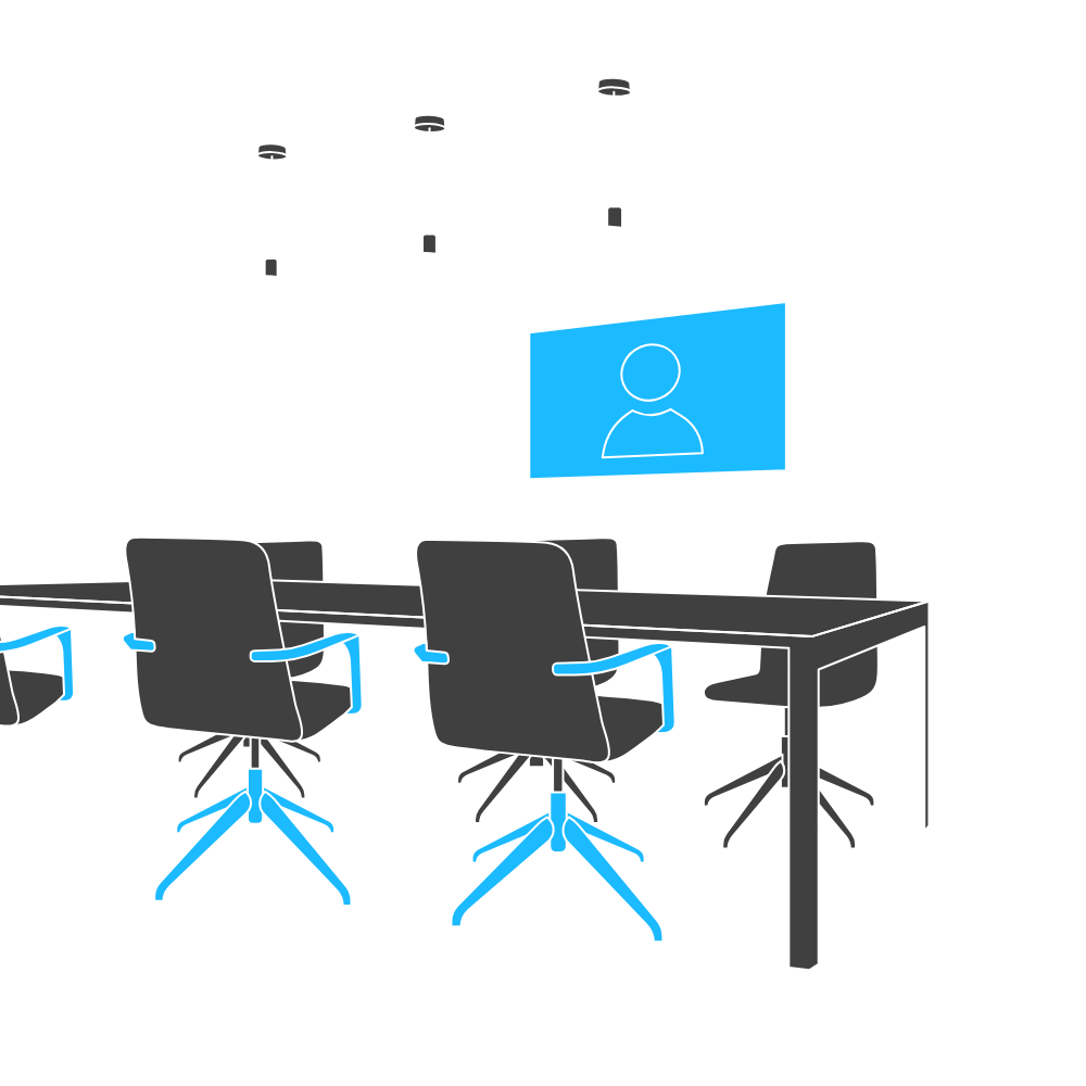 A digital illustration of a conference room with a large table, office chairs, microphone speakers, ceiling lights, and a large screen displaying a user icon, suggesting a virtual meeting setup.