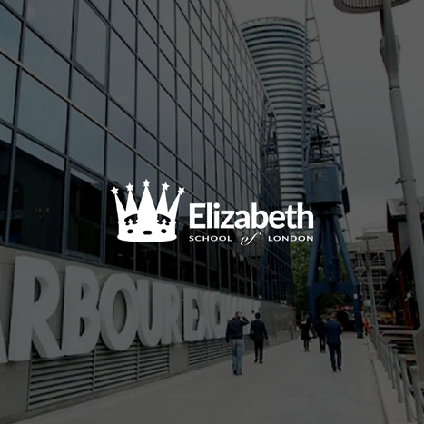 Exterior view of the Elizabeth School of London building with a large ARBOREA sign and people walking outside.