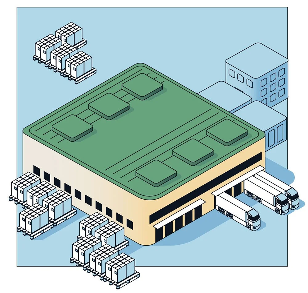 Isometric illustration of a large data center or server farm with stacks of servers and trucks entering and exiting a building.