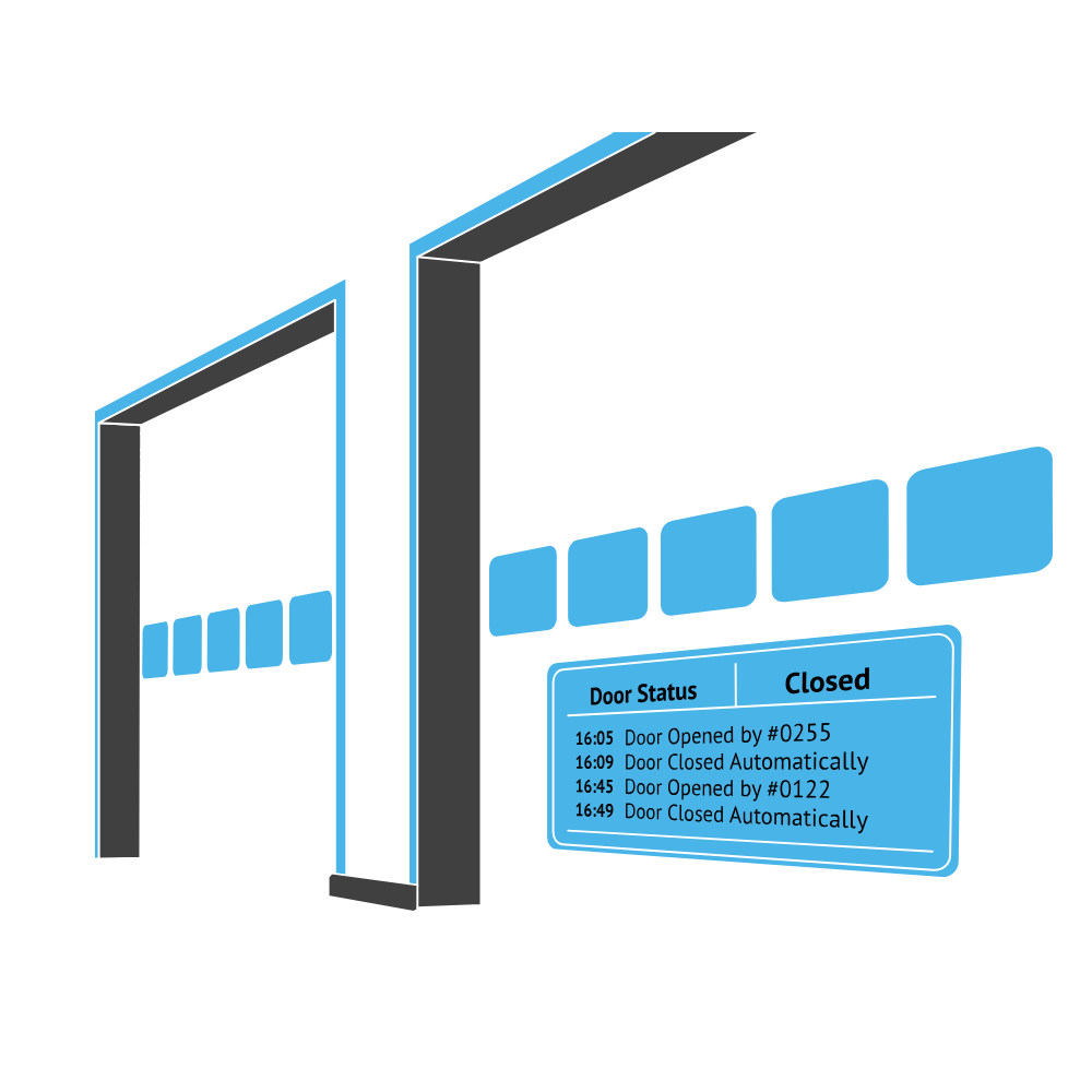 A digital interface displaying elevator door status updates, including times and door states such as opened and closed automatically, with a futuristic design and horizontal lines in the background.