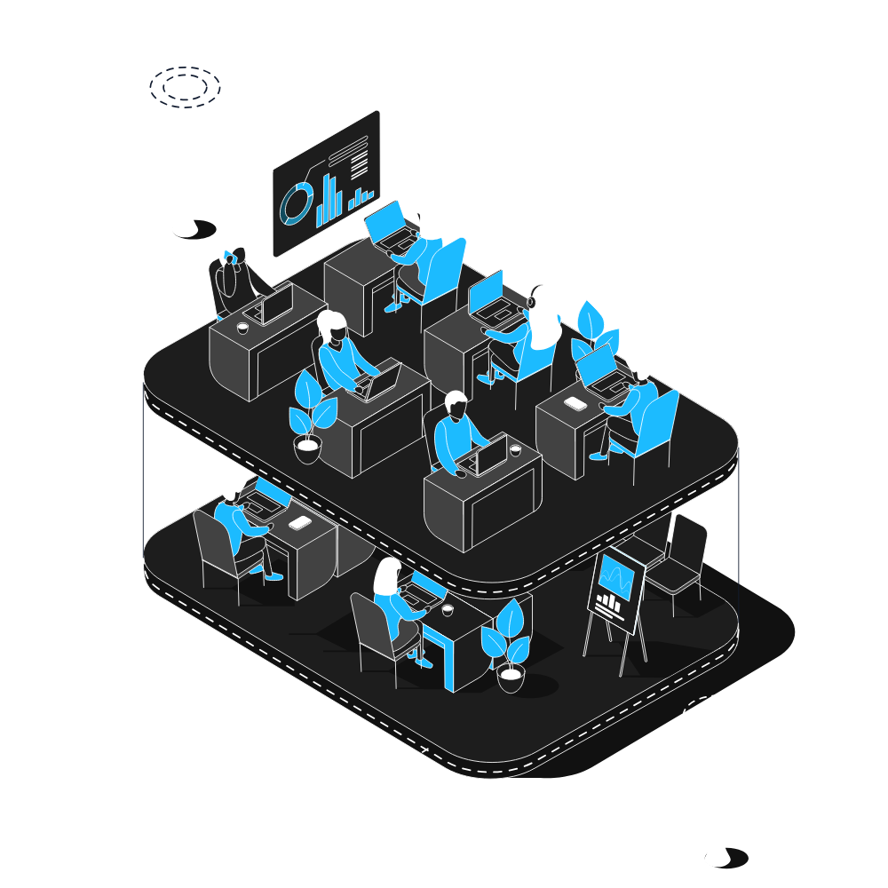 Isometric illustration of a two-story office workspace with people working on laptops, plants, a presentation board, and a large screen displaying charts in a dark background.
