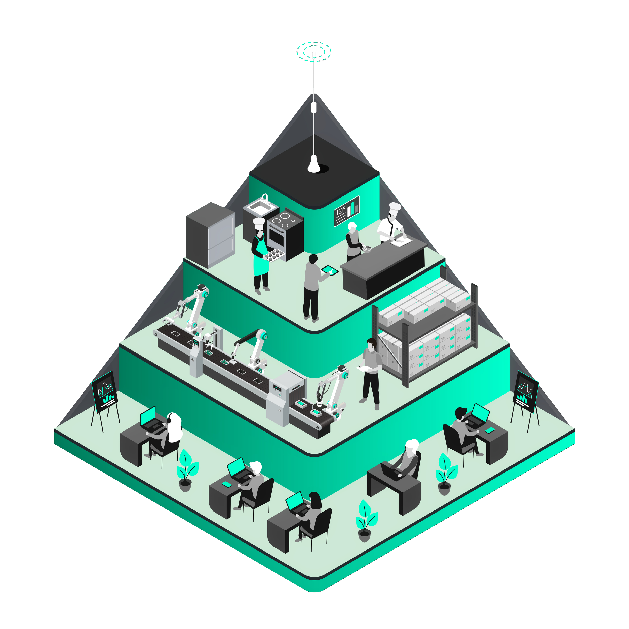 A multi-level modern factory with scientists and engineers working on computers, robotic arms manufacturing items, and scientists analyzing data with charts in a high-tech laboratory.
