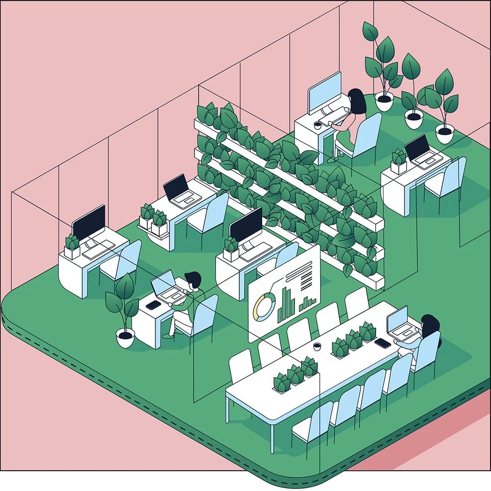An office with multiple workstations and plants, with people working at computers and a presentation screen showing charts.