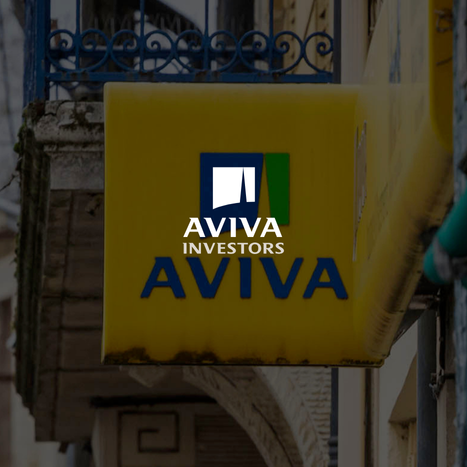 Photo of a yellow AVIVA Investors sign mounted on a building exterior.