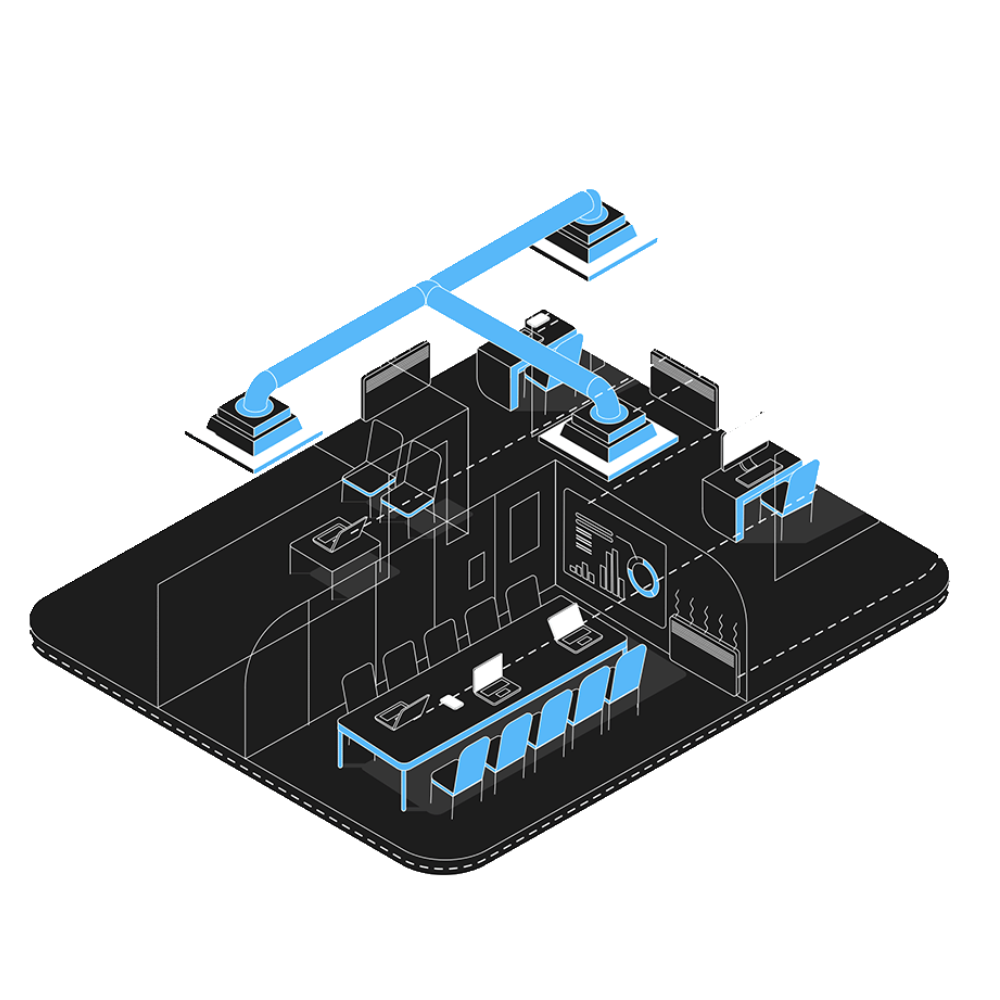 An isometric illustration of a modern office or conference room with technical equipment such as monitors, charts, and a large pipe system on a digital tablet background.