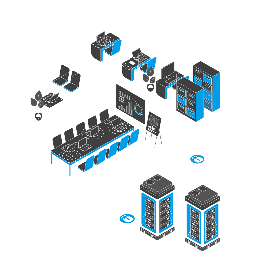 A detailed infographic of a modern office space including a conference room with a long table, chairs, presentation screens, storage cabinets, and various workstations, connected to two data servers via a network.