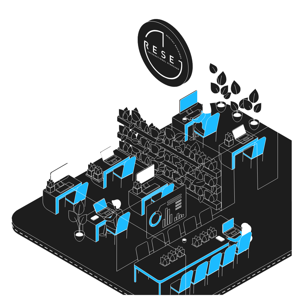 An office environment illustration showing three people working at desks, a large screen displaying data and charts, potted plants, and a circular sign with 'RES' written inside.