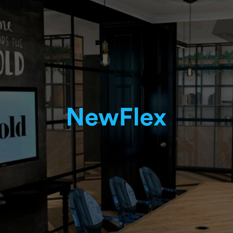 Interior of a modern office with conference room, black door, glass walls, and a table with chairs, with the text 'NewFlex' in the center.