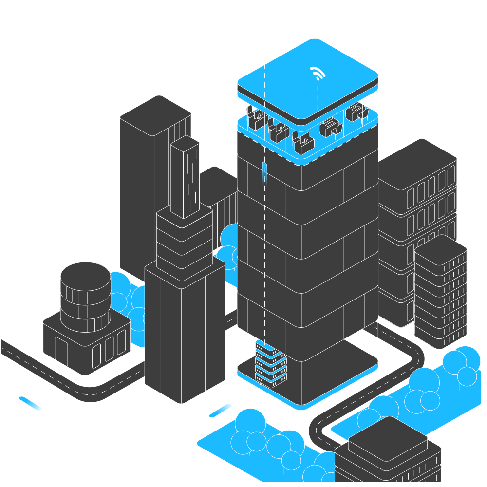 Isometric illustration of a cityscape with tall buildings, roads, trees, and a multi-story building with Wi-Fi signals emitted from the top and middle floors.
