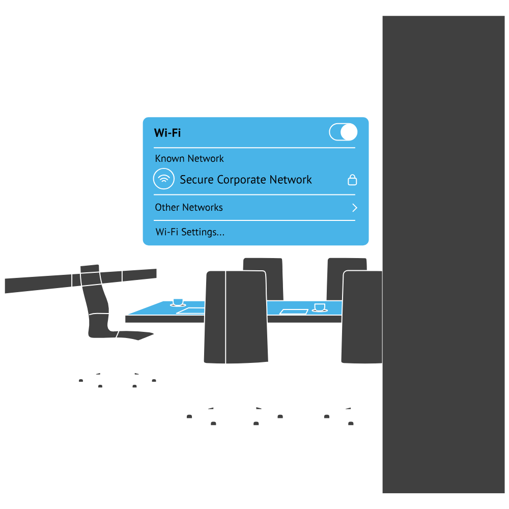 Illustration of a conference room with a Wi-Fi network selection menu overlay, showing a secure corporate network and options for other networks and settings.