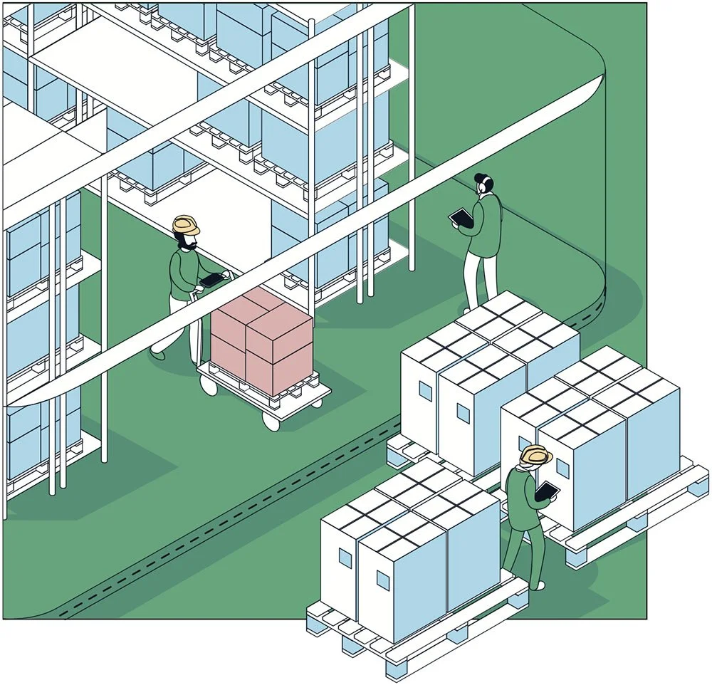 Workers in a warehouse using tablets, surrounded by shelves of boxes, pallets, and storage racks.