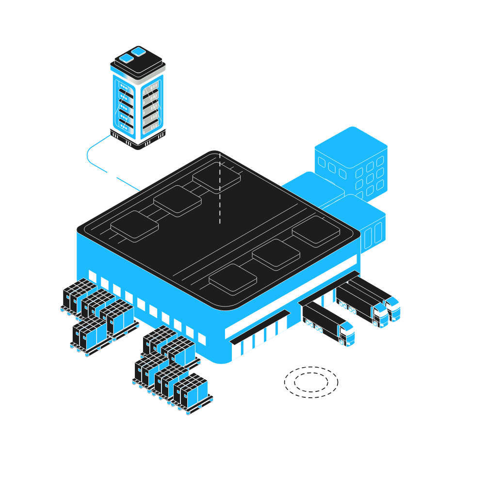 Isometric illustration of a warehouse with multiple loading docks, stacked pallets, and a robotic server at the center, connected via wireless communication.