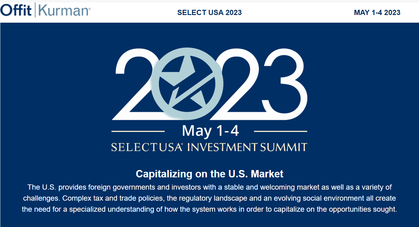 Landing page created for SelectUSA 2023 - This was created for Attorneys to direct any potential clients to - it contained a video, the events taking place, infographics and relevant blogs.